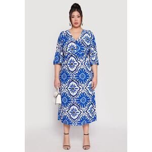 Women’s Mlle Gabrielle Blue Floral Midi Dress Plus Size 1X Bubble Sleeves NWT